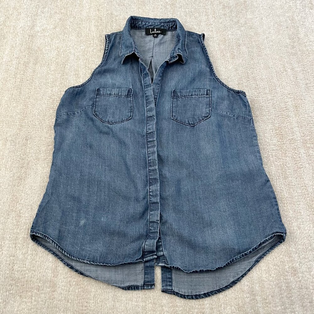 Lulus Tencel Button Down Tank Top Sleeveless Blouse M Blue